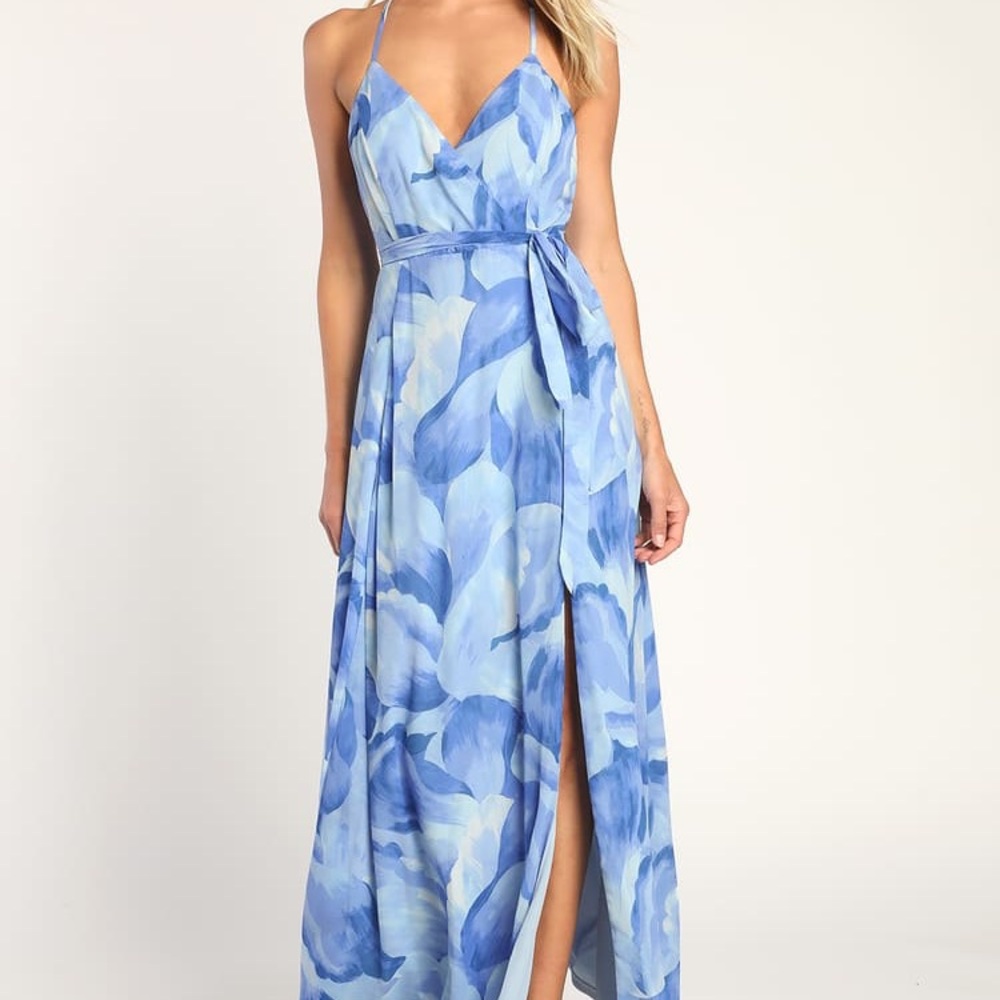The Way to Perfection Blue Abstract Print Surplice Maxi Dress | Size Small